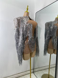 Sexy Mesh See Through Rhinestones Two Pieces Dress Coat Sets Women Sparkly Tassels Performance Singer Dancer Stage Costume