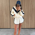 Color Block Zip Up Two Piece Set Women Long Sleeve Stand Collar Cropped Jacket High Waist Shorts 2026 Spring Summer Casual Suit