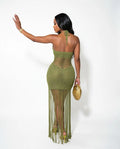 Sexy Cutout Crochet Beach Dress 2026 Summer Women One Shoulder Backless Knitted Sequined Fringe Tassel Midi Dress Clubwear