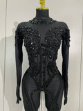 Luxury Sparkle Diamonds Sequins Mesh See-Through Jumpsuit Women Eveing Birthday Party NightClub Stage Costume Festivals Outfit