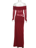Slash Neck Dress Women Chic Elegant Sexy 2025 Patchwork Mesh Ruched Hollow Birthday Party Clubwear  Vacation Vestidos