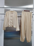 Solid Spliced Buttons Two Piece Set Female Stand Collar Long Sleeve Top Retro Chinese Women's Trousers Sets Fashion