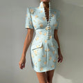 Elegant Solid Buttons Long Dress Women Waist Cinched Shoulder Pads High Collar Slit Dresses 2026 Spring Summer Lady Party Robes