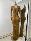 Sparkly Rhinestone Women Sexy Mesh See Through Floor Length Long Sleeve Birthday Dress Party Nightclub Stage Wear