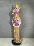 3D Floral Rhinestone Halter Maxi Bodysuit Dress Women Deep V Mesh See-Through Long Gown Carnival Rave Festival Performance Costume