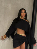 Sexy 2 Piece Set Women Skew Collar Loose Crop Tops+Ruched Knot Ribbon Skirt Matching Beach Vacation Party Club Suit