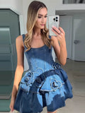 3D Flower Double-layer Denim Slip Short Dress Women Fashion Sleeveless High Waist Mini Dresses Chic Lady Party Robe