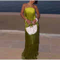 Ladies Strapless Fringe Maxi Gown Tiered Asymmetrical Sleeveless Slim Robe Summer Beach Club Cocktail 2026 New Chic Hot Vestidos