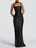 Sexy Satin Evening Long Dresses for Women Square Collar Sleeveless High Waist Folds Slimming Bodycon Dress Female