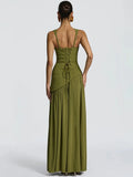 Elegant Ribbon Corset Long Dress For Women Slip Slit Maxi Dresses Evening Bridesmaid Wedding Guest Olive Green Black Cocktail