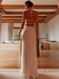 Fashion Backless Ruched Long Dress For Women Halter Lace Up Sexy Ruffle Dress Loose Female 2025 Summer New Vacation Dress