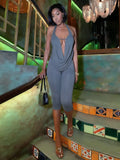Sexy Swing Collar 2 Piece Set Women New Trend Hollow Halter Bandage Sleeveless Tank Top+Mid-Length Shorts Streetwear