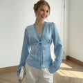 Elegant Summer Tops Women's Fashion Solid V-Neck Lace-Up Long Sleeve Tops New Chic Casual Office Lady Women's T-Shirts