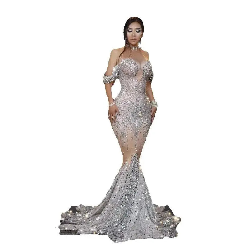 2026 Popular Bright Crystal Sequins Elegant Fishnet Dress, Off-the-shoulder Wedding Dress Women Dresses for Party and Wedding