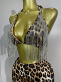 Sparkly Rhinestones Chains Leopard Print Bikini Top Pants Two Pieces Set Sexy Eveing Party Birthday Nightclub Dancer Stage Wear
