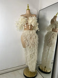 Women Mesh Lace Sexy Openback Two Pieces Sequins Floor-Length Outfit Night Club Skirt Suits Dancer Singer Performance Costume