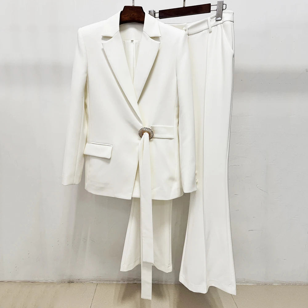 2026 Diamond Metal Ring Lace-Up Blazer+Horn Pants Suit Sets For Women Solid Slim Formal Female Pantsuit Conjunto Feminino