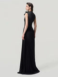 Sexy Stand Collar Flowers Pleated Patchwork Long Dress Women Sleeveless Folds Slim Elegant Dresses Evening Party Gowns