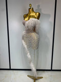 Women Sparkly Rhinestone Tassel Off The Shoulder Mesh See Through Long Dress Sexy Eveing Party Birthday Nightclub Stage Costume