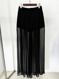 New Fashion 2026 Spring Women's Mesh Splicing Bead Sequin Blazer Wide Legs Chiffon Pants Set Suit Outfit