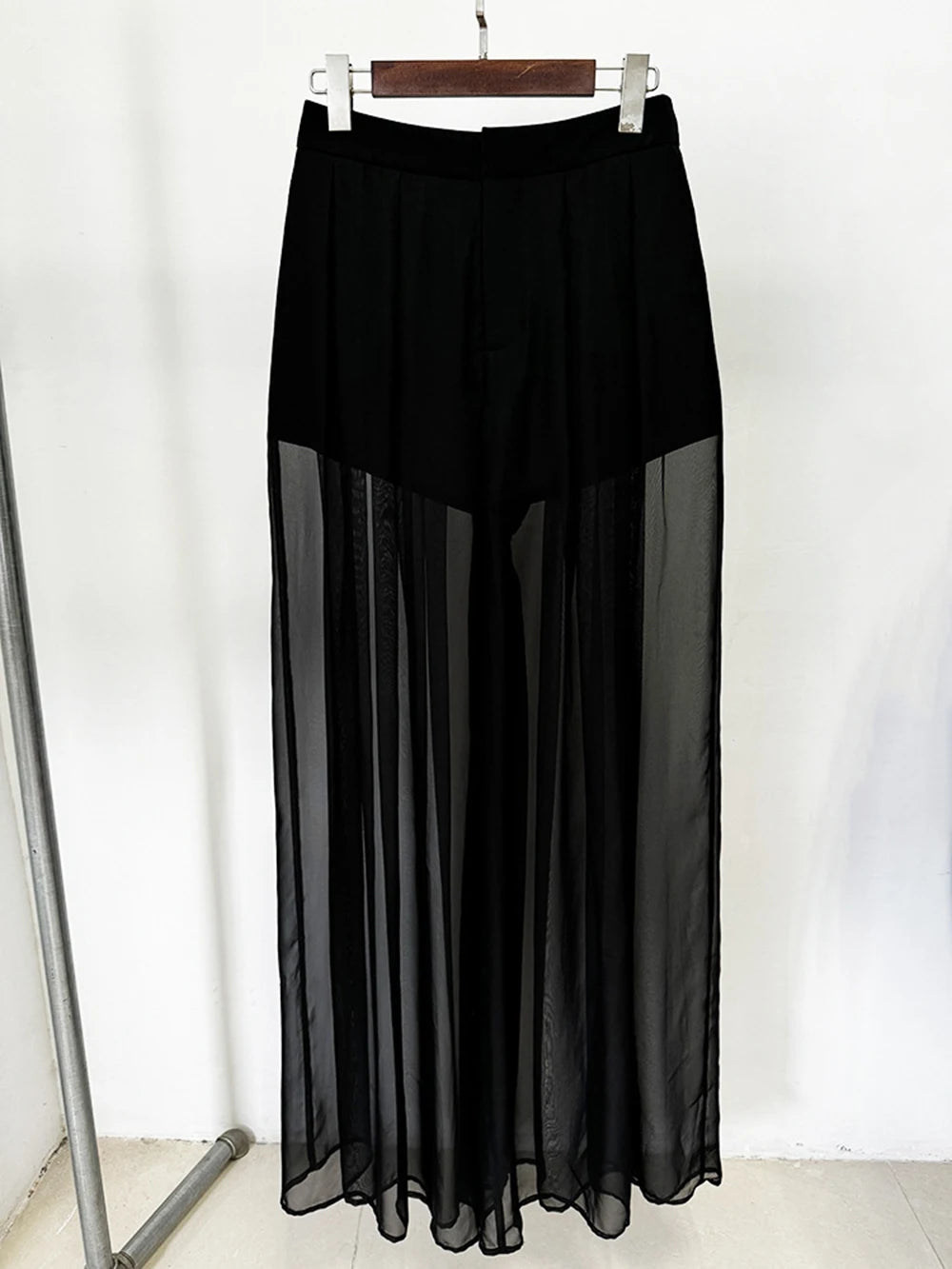 New Fashion 2026 Spring Women's Mesh Splicing Bead Sequin Blazer Wide Legs Chiffon Pants Set Suit Outfit