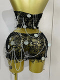 Sexy Evening Party Nightclub Performance Costume Women Birthday Mesh See-Through Pin Decoration Chain Short Dress Two-Piece Set
