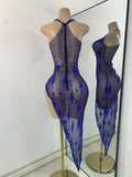 Sparkly Gold Design Evening Party Dress Luxury Rhinestones See Through Sexy Women's Clothing Mesh Stretch Birthday Dresses