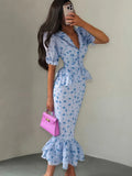 White Pink Floral Choker Neck Dress Women Elegant V-neck 3/4 Sleeves Peplum Ruffle Hem Long Dresses 2026 Lady Daily Vestidos New