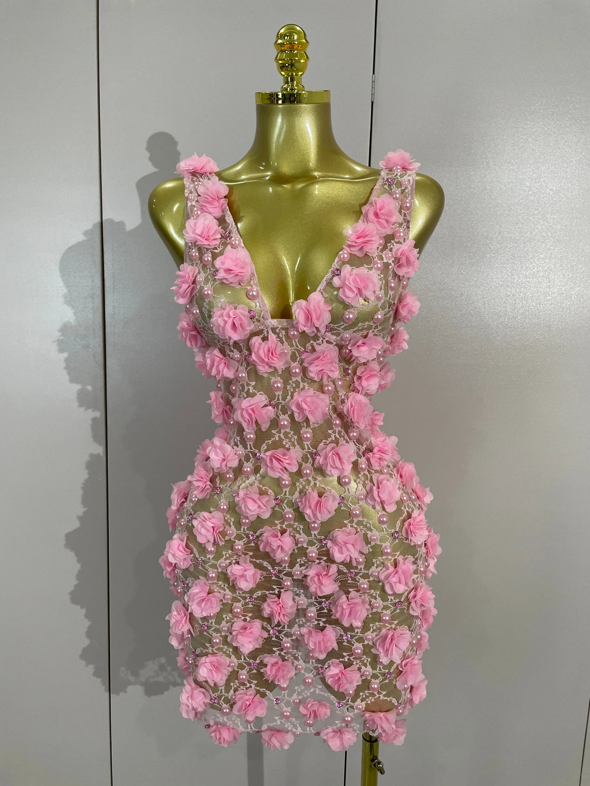 WomenBlack Pearl Flower Mesh Sexy See Through Mini Dress Evening Party Club Birthday Dress Nightclub Photoshoot Stage Costumes