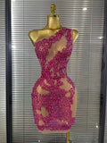 Shining Rosered Crystal Women Sexy One Shoulder Mesh See Through Bodycon Mini Dress Bar Singer Celebrate Performance Costumes