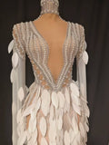 Women Elegant Sparkly Diamond Pearls Leaf Long Sleeves Mesh Sheer Maxi Dress Eveing Birthday Party Sexy Nightclub Stage Costume
