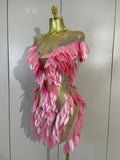 Women Pink Leaf Mesh Stretch Mini Dress Sparkly Diamond Evening Party Birthday Wedding Gown PhotoShoot Sexy Nightclub Stage Wear