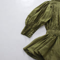 Olive Green Elegant Pleated Dress Women Fashion Solid Stand Neck Lantern Sleeve Double Breasted Loose Mini Dress Women
