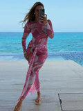 Women's Chic Printed Mesh Maxi Dress Bodycon Long Sexy Beach Swim Party Dresses New Holiday Vacation Cover Up Casual Outfit