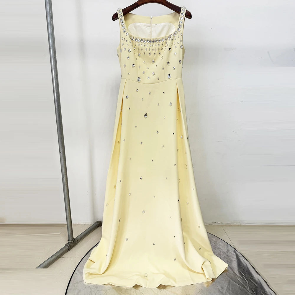 Elegant Celebrity Evening Party Gowns Women's Heavy Industry Diamonds Beading Sleeveless Tank Long Dress Vestidos