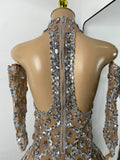 Luxury Women Sexy Sparkly Sequins Halter with Sleeves Mesh Mini Bodycon Nightclub Birthday Dress Party Performance Costume