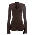 Weird Puss Hollow Playsuit Women Puff Sleeve o-Neck Skinny Solid High Elasticity Simple Classic Sexy Midnight Fashion Romper