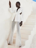 Elegant Beaded pearls blazer pants set Suits women flower white slim blazer +Sexy Mesh See Through sequin Trousers two-piece set