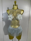 Women Sexy Mesh See Through Performance Leotard Dance Singer Show Stage Wear Luxury Sparkly Rhinestone Flower Tassels Bodysuit
