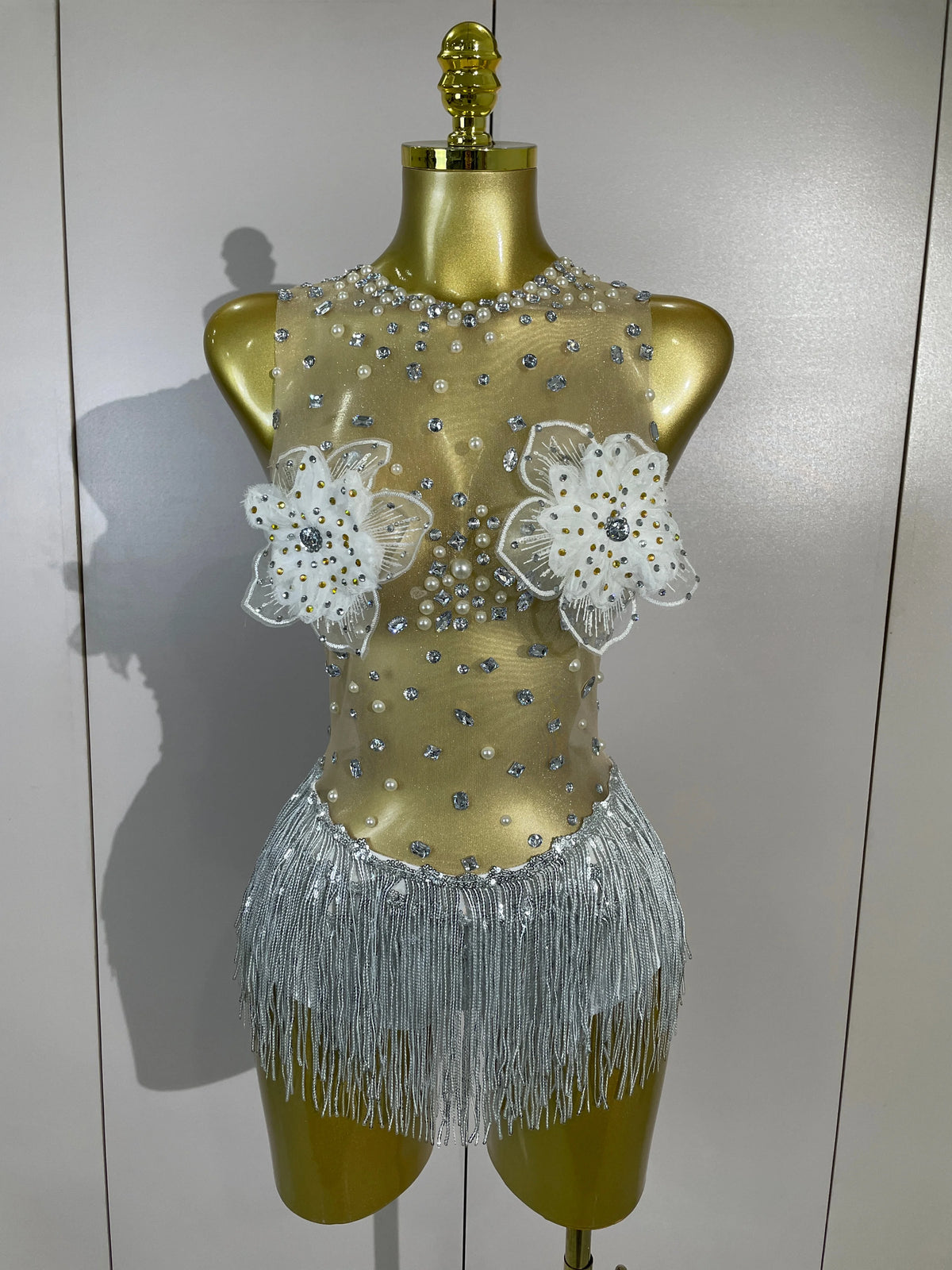 Women Sexy Mesh See Through Performance Leotard Dance Singer Show Stage Wear Luxury Sparkly Rhinestone Flower Tassels Bodysuit
