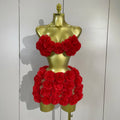 Women Sexy Red 3D Flowers Top Mini Dress Two Piece Set Eveing Party Girls Birthday Nightclub Stage Dress Holiday Photo Shoot Set