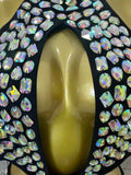 Gold Luxurious Black Bodysuit Women Sexy Halter Neck Iridescent Crystal Embellished Cutout Outfit Stage Performance Costume