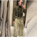 Women Woven Patchwork Napoleon Jacket Shoulder Pad Long Sleeve Hook Closure Street Blazer 2026 Spring Chic Casual Edgy Crop Coat