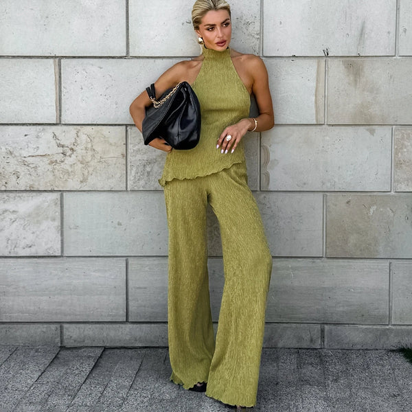 Hanging Green Pants Set Sleeveless Backless Personality Temperament Commuter Two-piece Set Summer New Women Pants Set