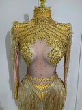 Women Sparkly Rhinestone Sequin Tassel Stretch Bodysuits 2025 New Arrival Birthday Party Nightclub Dj Stage Performance Costume
