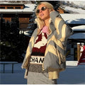 Women Color Block Spliced Ski Set Fleece Lined Stand Collar Zip Jacket Multi‑Pocket Wide Leg Trousers 2026 Winter Fashion Outfit