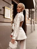 Elegant Beaded pearls blazer pants set Suits women flower white slim blazer +Sexy Mesh See Through sequin Trousers two-piece set