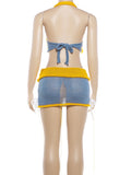 Tassel Color Blocking Knit Bandage Bow 2-Piece Set Women Halter Backless v-Neck Vest+Hollow Skirt Sexy Fashion Suit