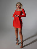 Elegant Mini Square Collar Diamond Evening Dress Short A-Line Long Sleeves White Pocket Princess Prom Gowns 2024 New