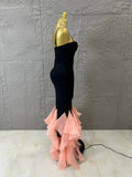 Elegant Bandage Mermaid Dress with Nude Mesh V-Neck and Pink Tulle Ruffle Bottom for Prom Formal Dinner Event Outfit